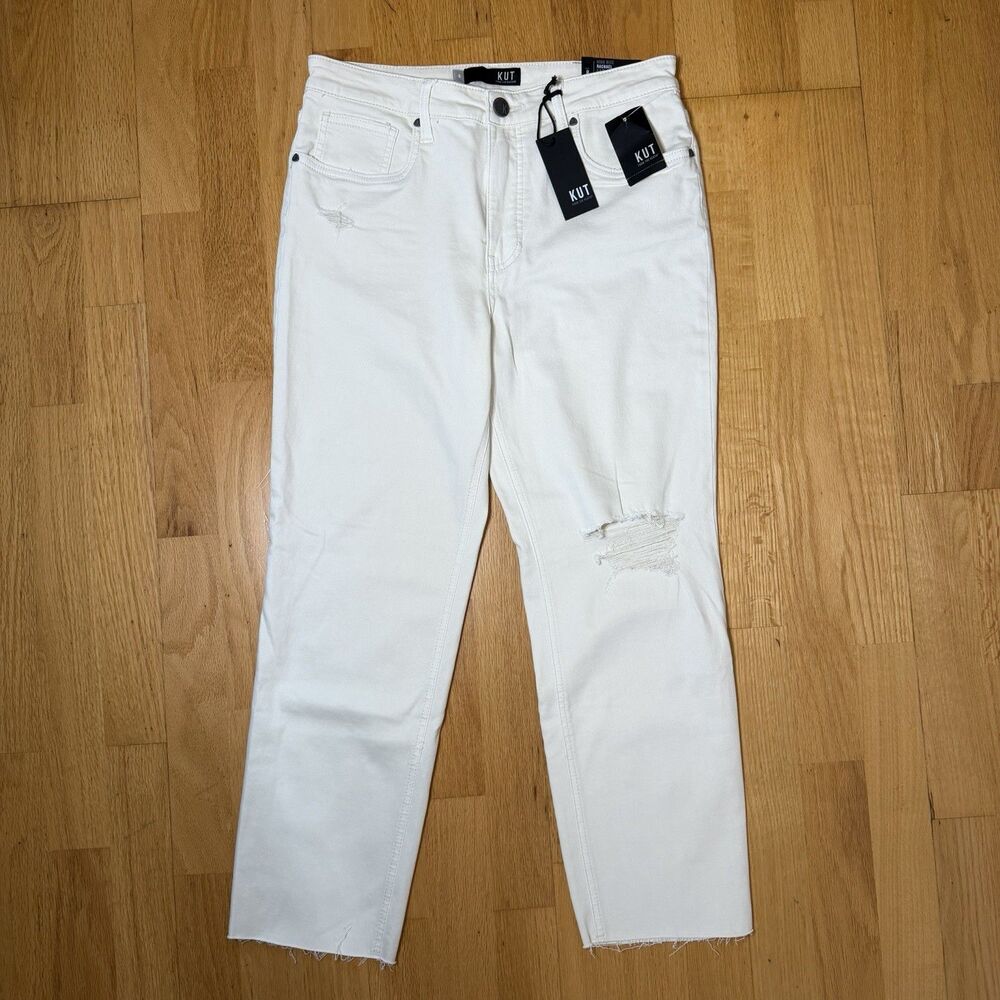 Kut from the Kloth NWT $99 Rachael Fab Ab Mom Jeans Ecru 8 Distressed Pockets